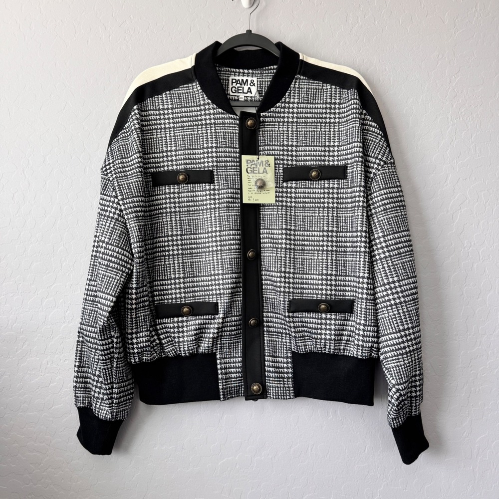 NWT Pam & Gela M/L Blouson Jacket Black Long Sleeve GlenPlaid Houndstooth Bomber